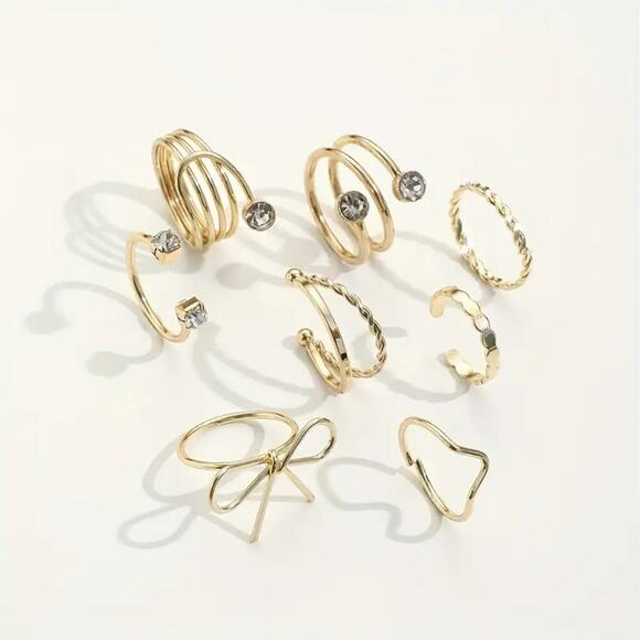NEW 8pc Gold Ring Set – Coquette Bow, Braided & Adjustable Rings Size 6-7 - Picture 5 of 5